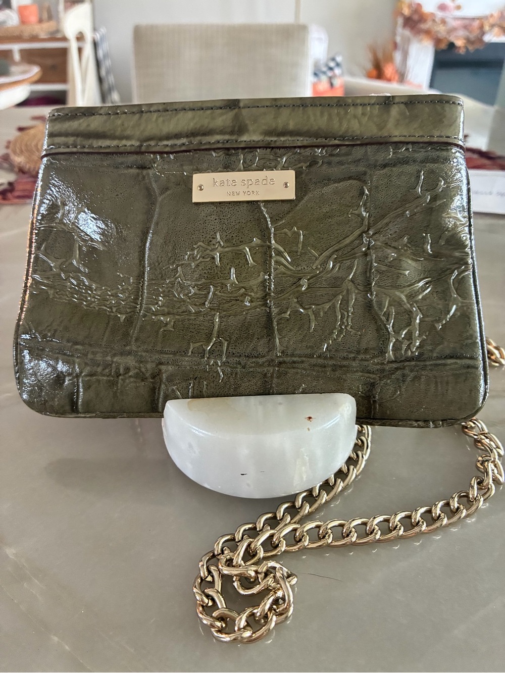 kate spade Olive Patent Crossbody with Gold Chain Strap